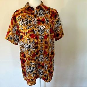 Baroque Gold Satin Short Sleeve Rose Bud Animal Print Button Down Top Men Size M
